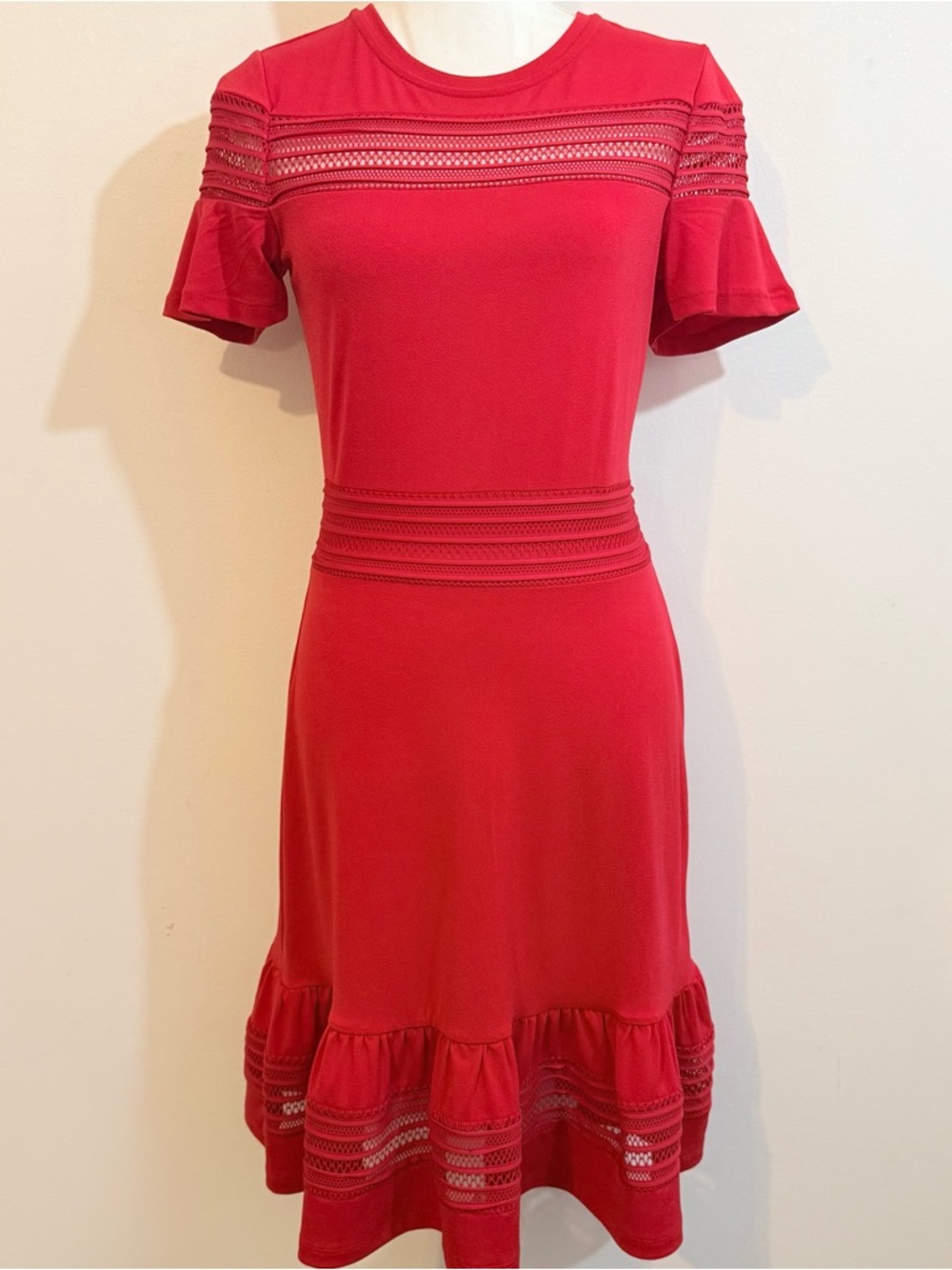 Michael Michael Kors Red Lace Inset Fit & Flare Midi Dress Size Small
